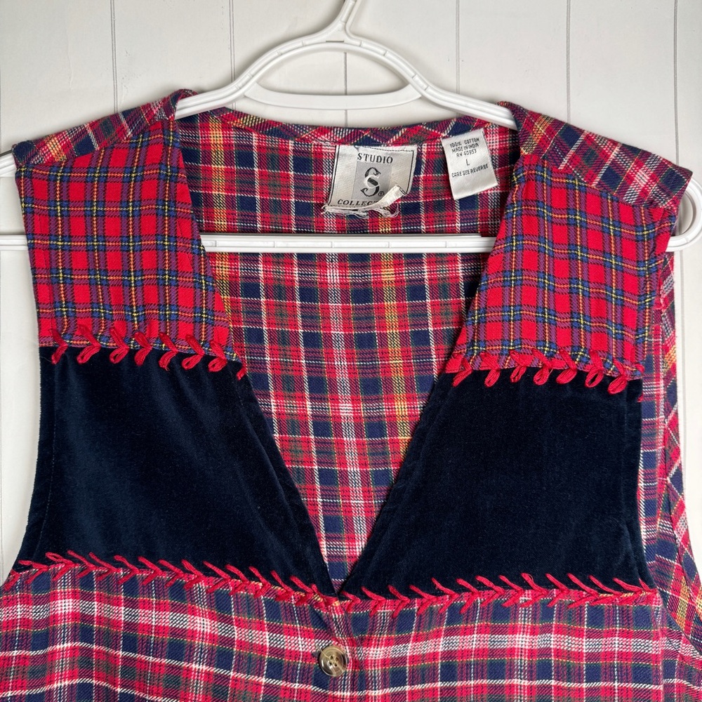 Vtg Studio Collection Red Plaid Patchwork Vest So… - image 2